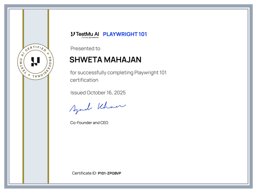 Shweta Mahajan's Automation Certificate: Playwright 101