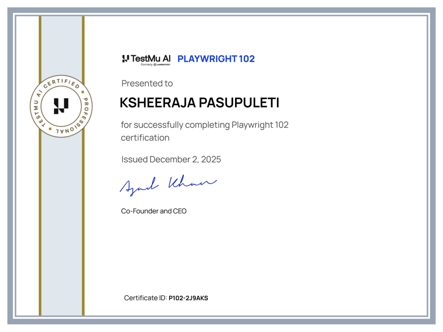 Ksheeraja Pasupuleti's Automation Certificate: Playwright 102