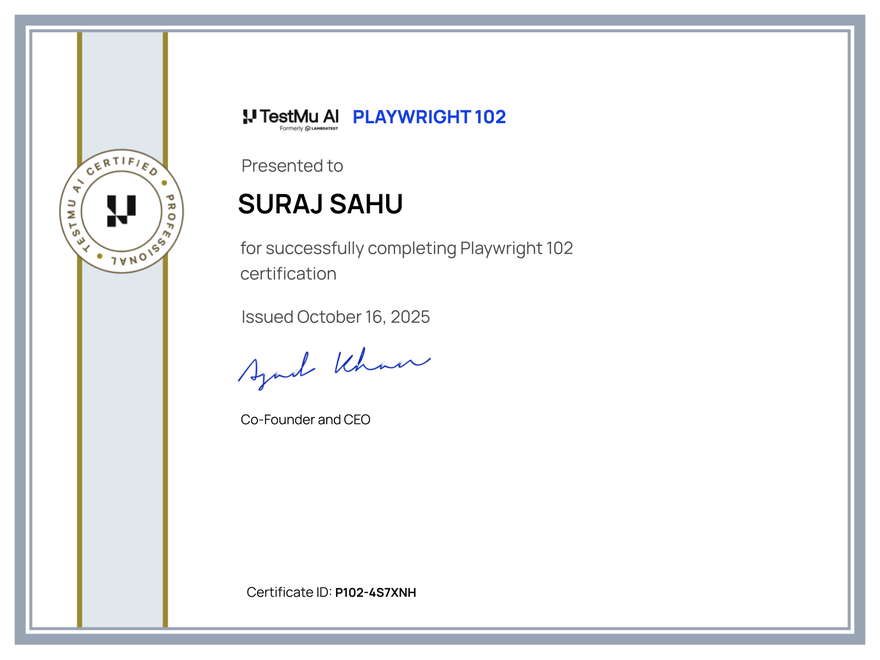 Suraj Sahu's Automation Certificate: Playwright 102