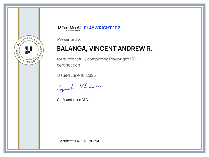 Salanga, Vincent Andrew R.'s Automation Certificate: Playwright 102