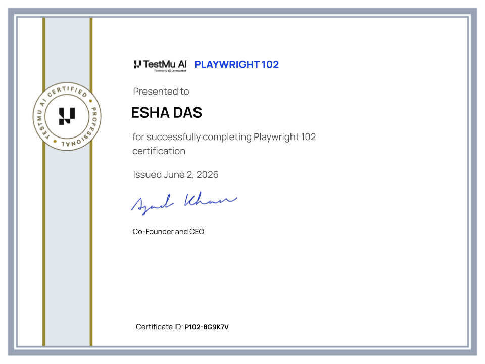 Esha Das's Automation Certificate: Playwright 102