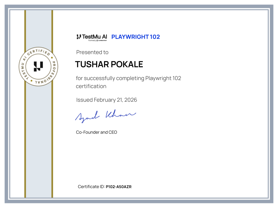 Tushar Pokale's Automation Certificate: Playwright 102