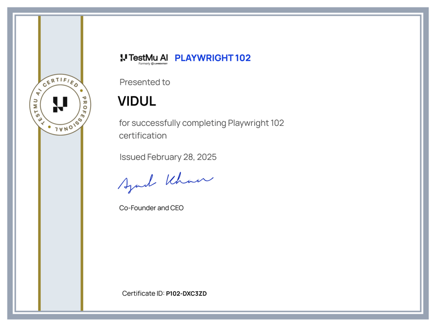 Vidul's Automation Certificate: Playwright 102