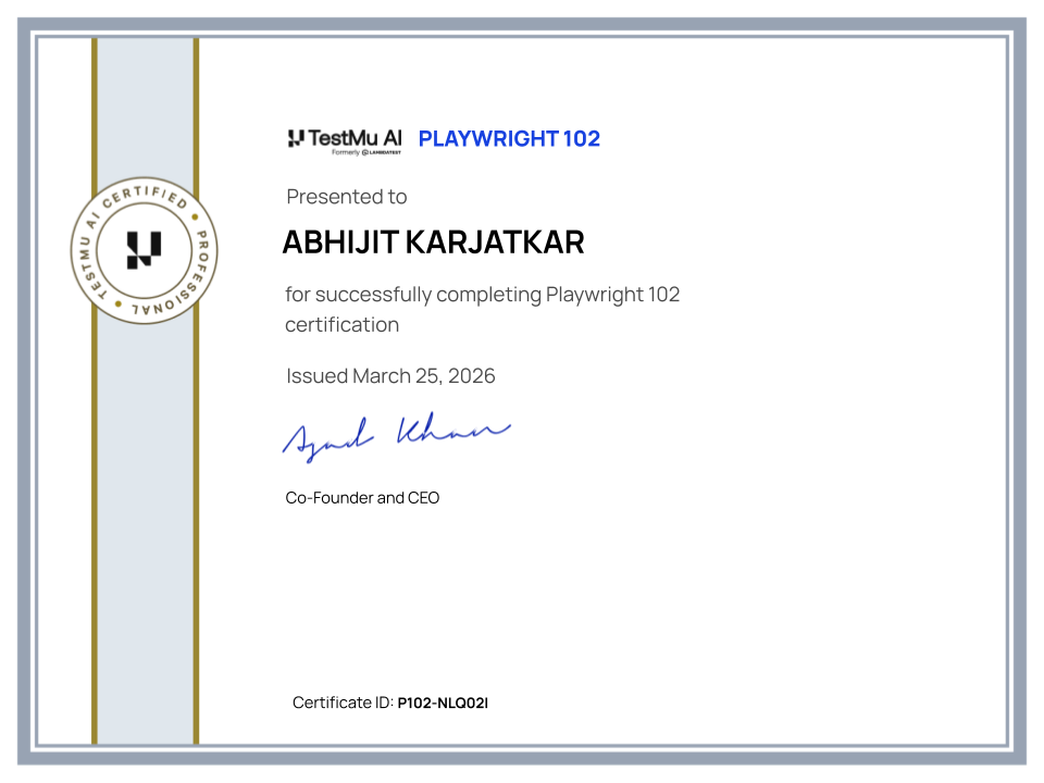 Abhijit Karjatkar's Automation Certificate: Playwright 102
