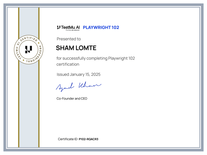 Sham Lomte's Automation Certificate: Playwright 102