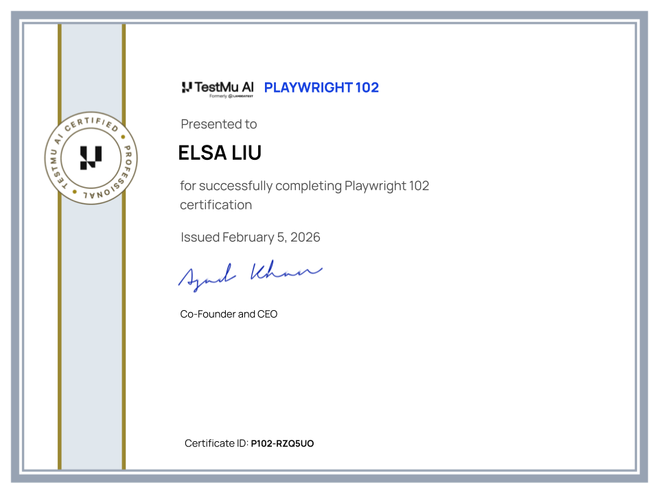 Elsa Liu's Automation Certificate: Playwright 102