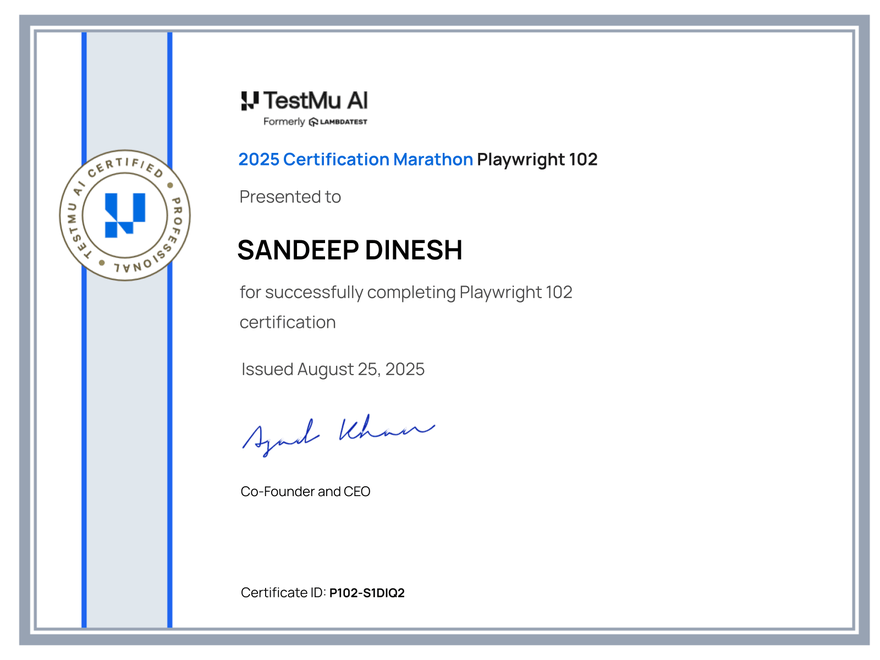 Sandeep Dinesh's Automation Certificate: Playwright 102