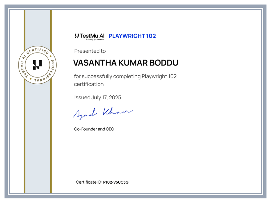 Vasantha Kumar Boddu's Automation Certificate: Playwright 102