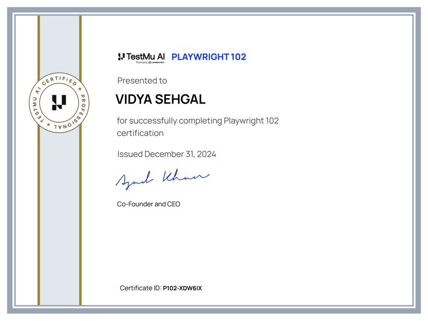 Vidya Sehgal's Automation Certificate: Playwright 102