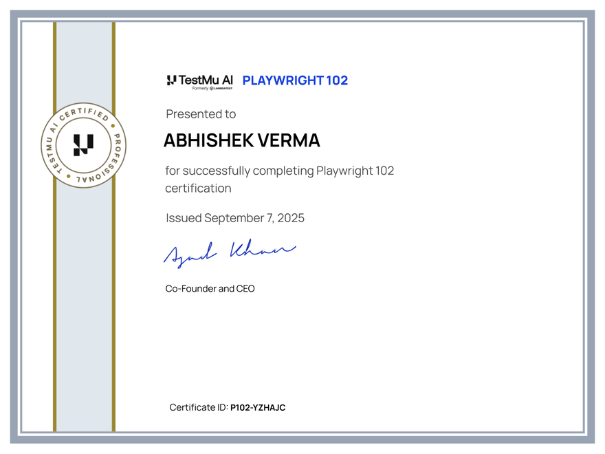 Abhishek Verma's Automation Certificate: Playwright 102