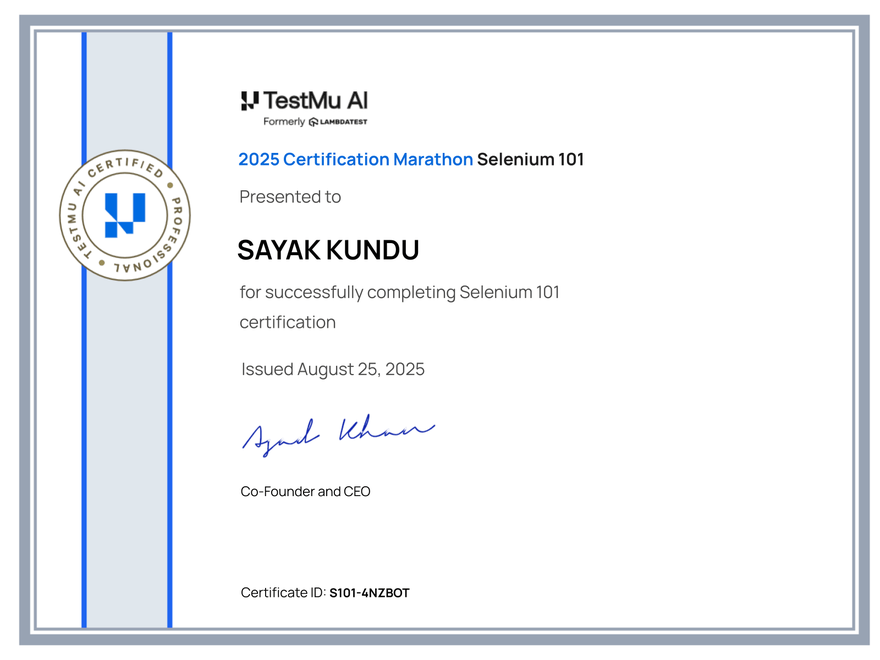 Sayak Kundu's Automation Certificate: Selenium 101