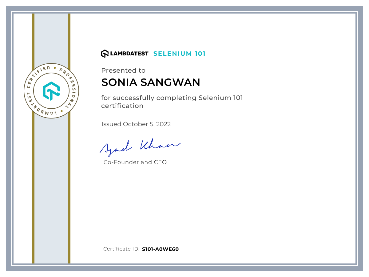 Sonia Sangwan's Automation Certificate: Selenium 101