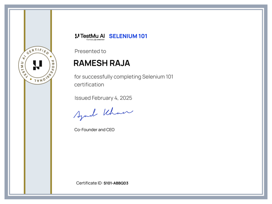 Ramesh Raja's Automation Certificate: Selenium 101