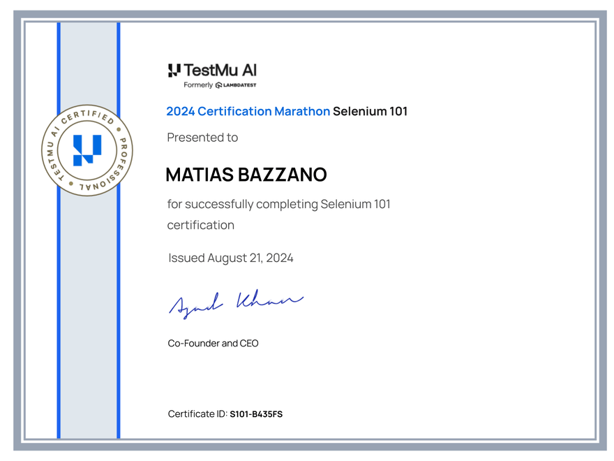 Matias Bazzano's Automation Certificate: Selenium 101