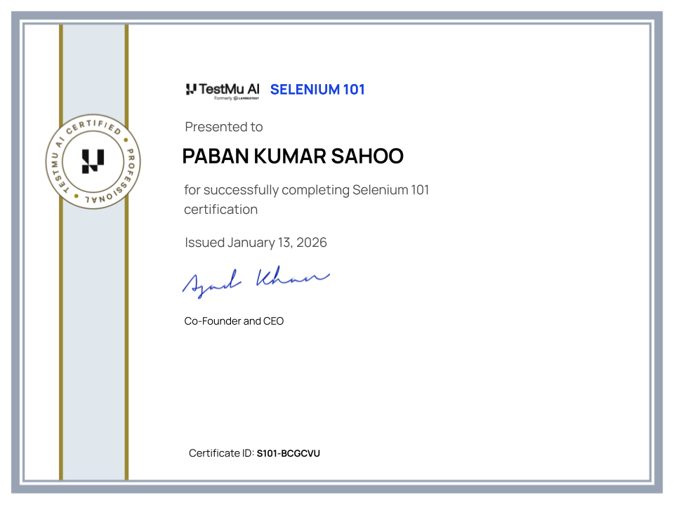 Paban Kumar Sahoo's Automation Certificate: Selenium 101