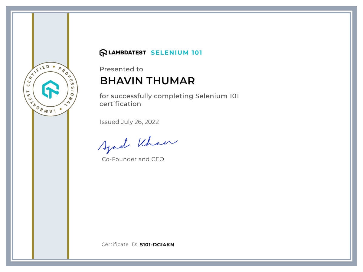 Bhavin Thumar's Automation Certificate: Selenium 101