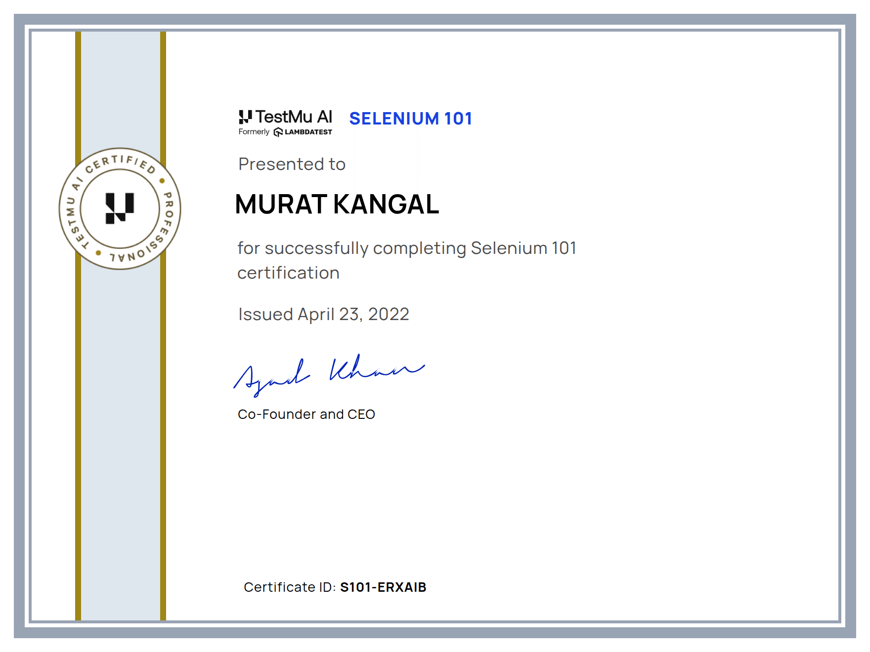 Murat Kangal's Automation Certificate: Selenium 101