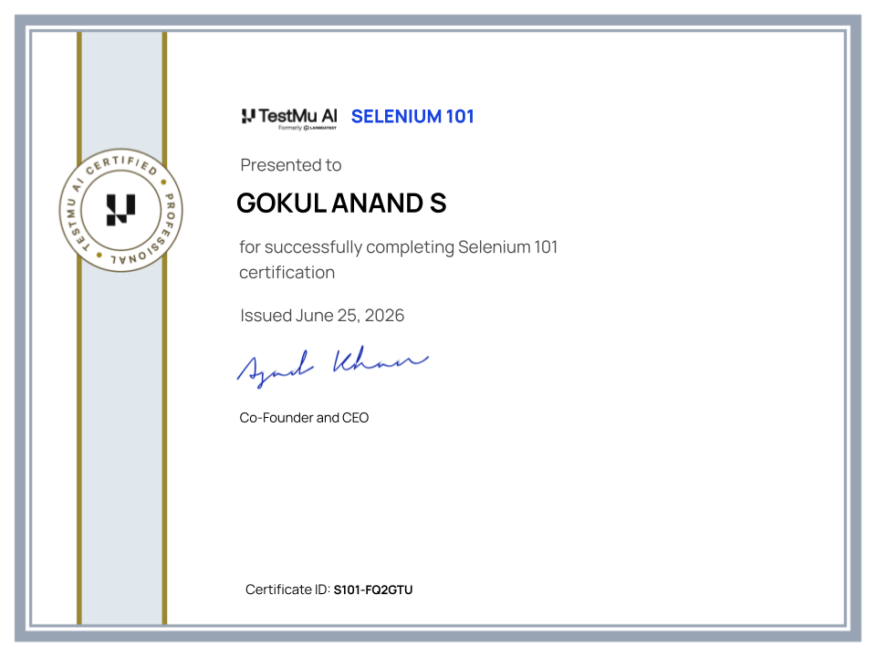 Gokul Anand S's Automation Certificate: Selenium 101
