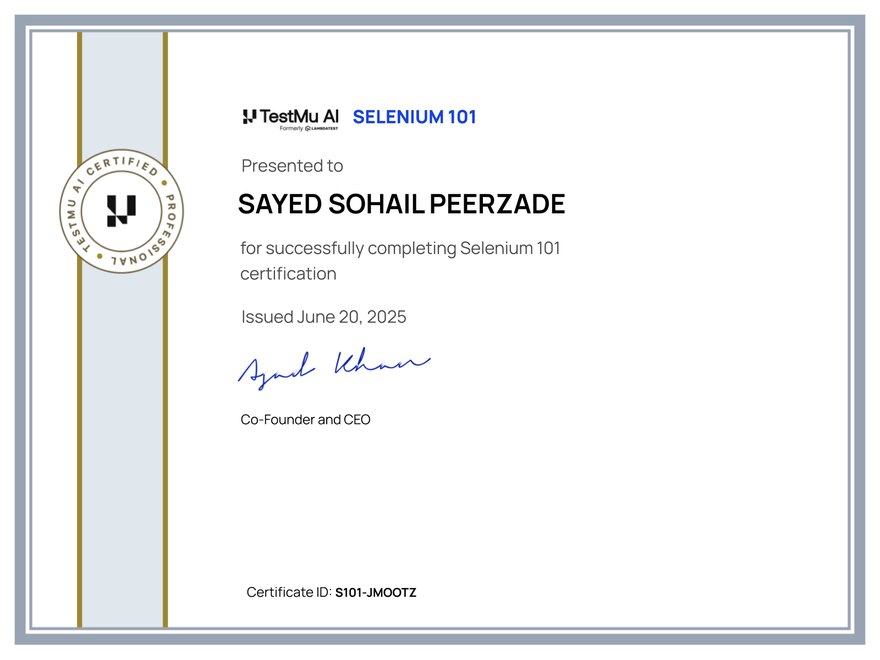 Sayed Sohail Peerzade's Automation Certificate: Selenium 101