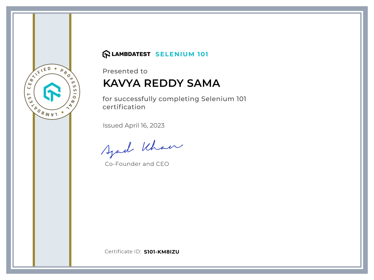 Kavya Reddy Sama's Automation Certificate: Selenium 101
