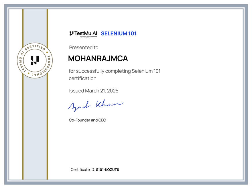 Mohanrajmca's Automation Certificate: Selenium 101