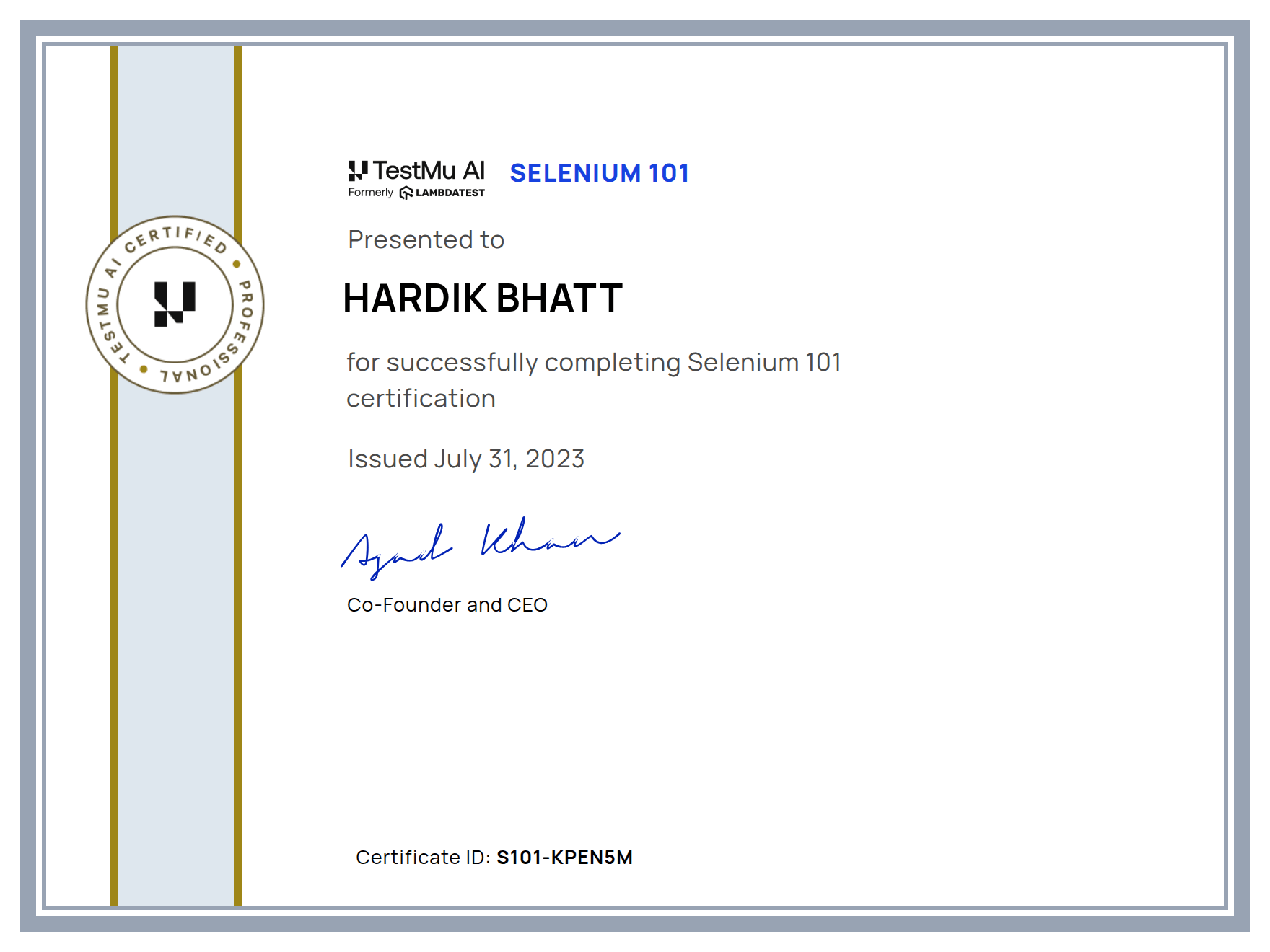 Hardik Bhatt's Automation Certificate: Selenium 101