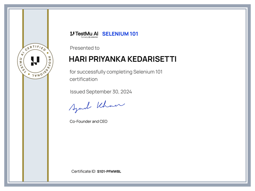Hari Priyanka Kedarisetti's Automation Certificate: Selenium 101