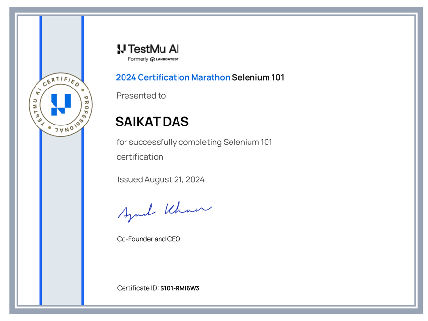Saikat Das's Automation Certificate: Selenium 101