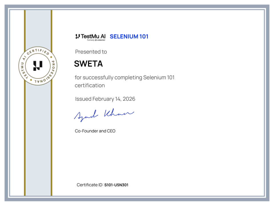 Sweta's Automation Certificate: Selenium 101