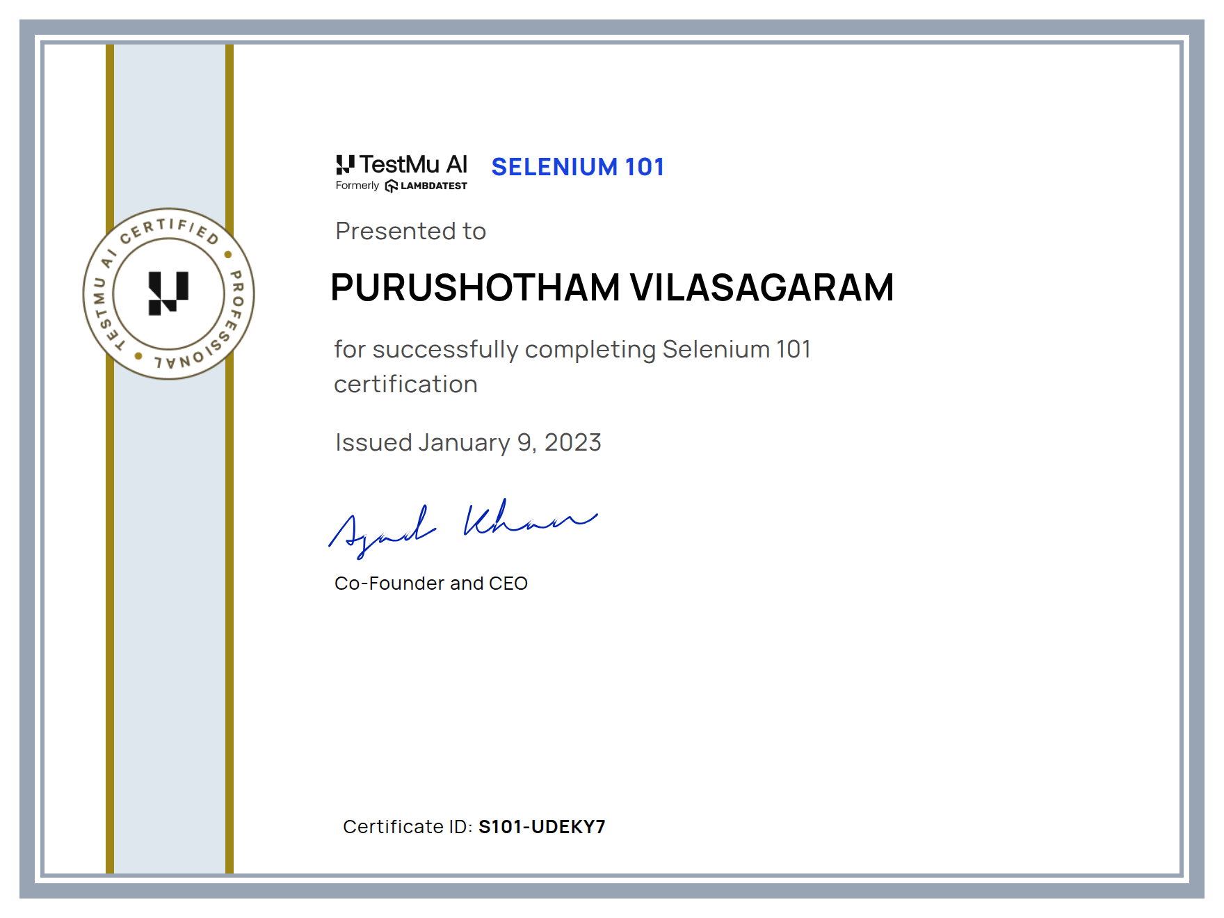 Purushotham Vilasagaram's Automation Certificate: Selenium 101