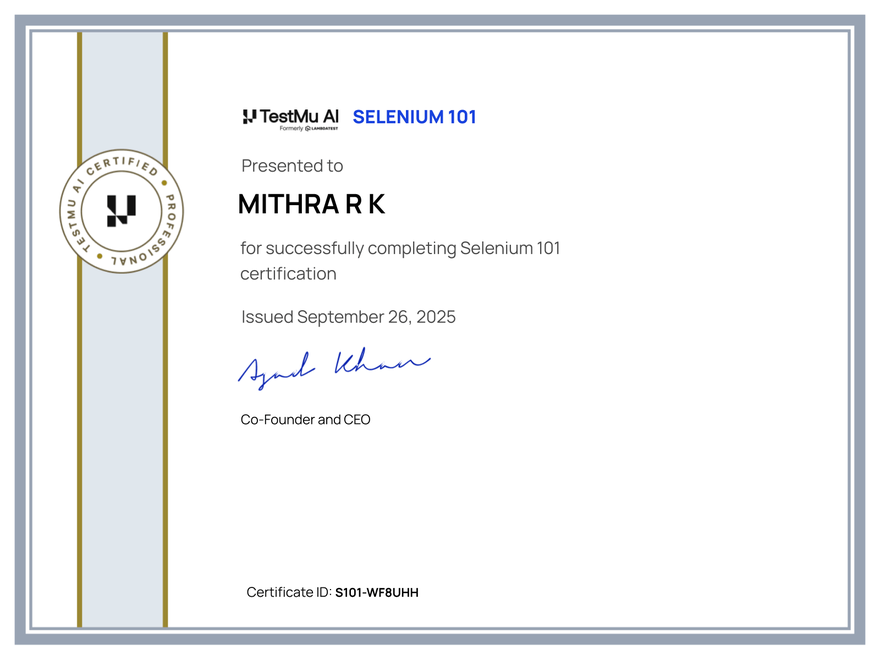 Mithra R K's Automation Certificate: Selenium 101