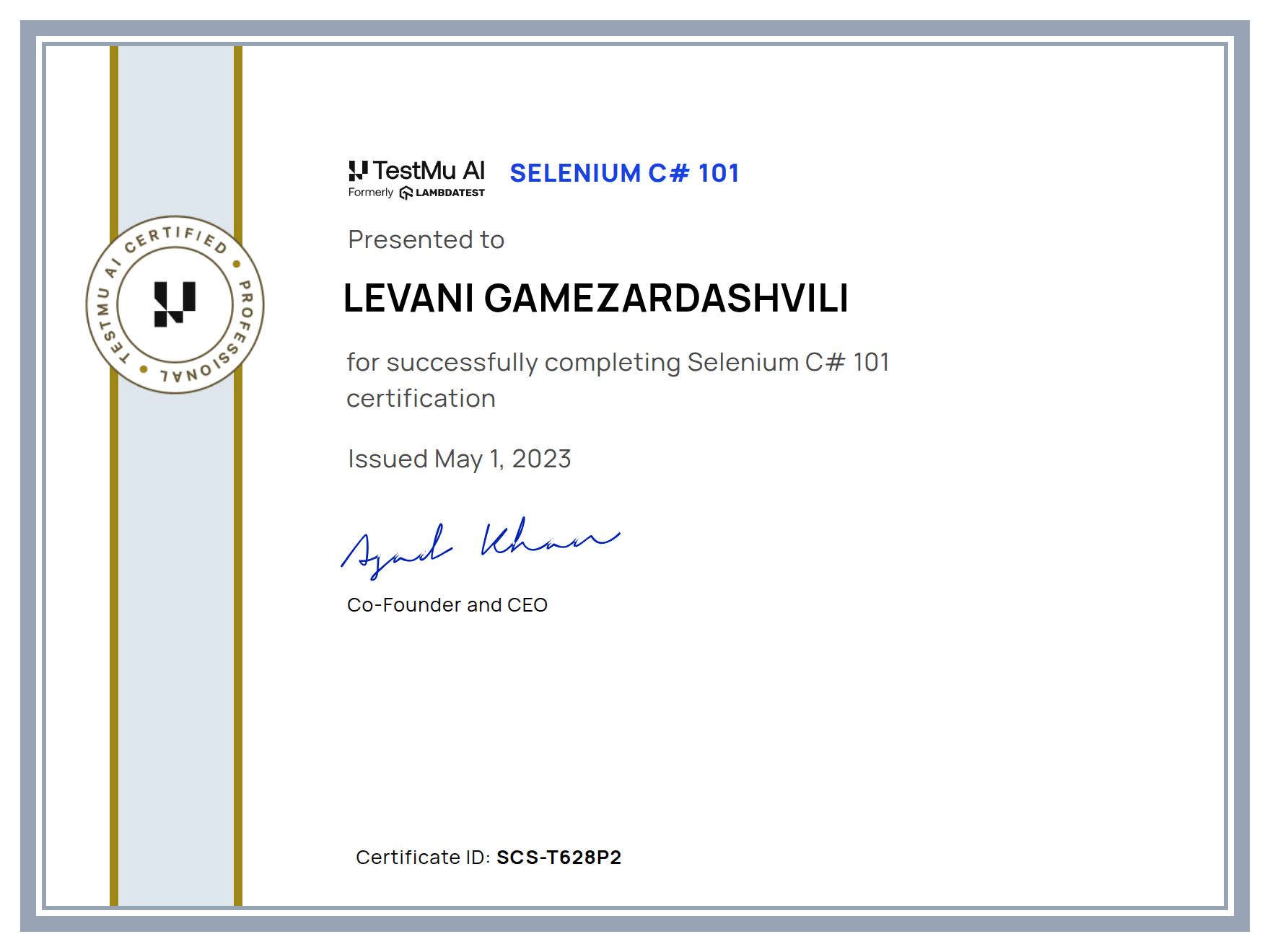 Levani Gamezardashvili's Automation Certificate: Selenium C# 101