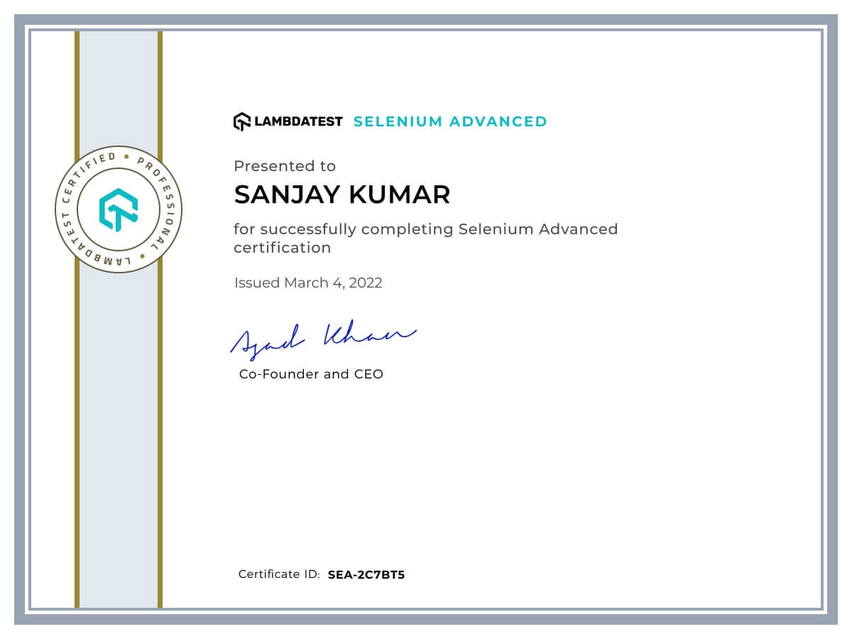 Sanjay Kumar's Automation Certificate: Selenium Advanced