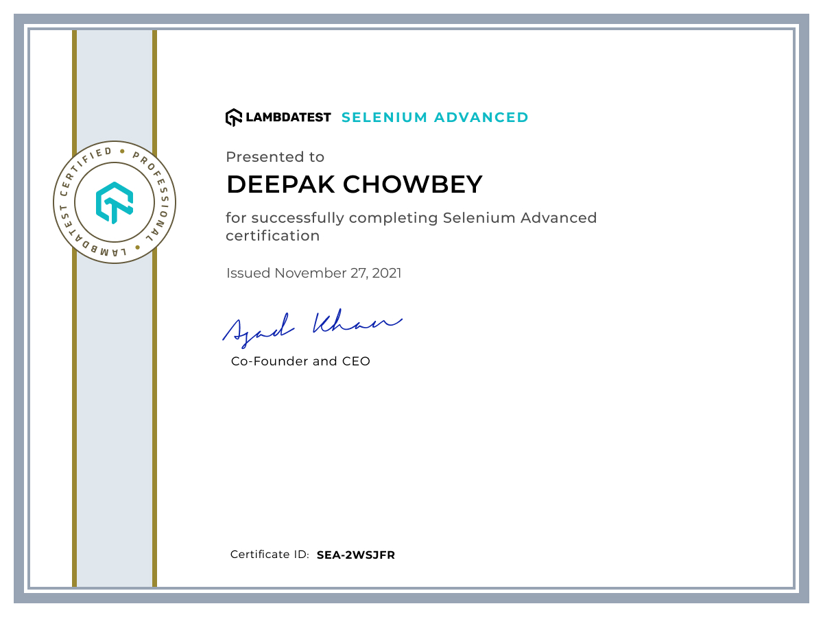 Deepak Chowbey's Automation Certificate: Selenium Advanced