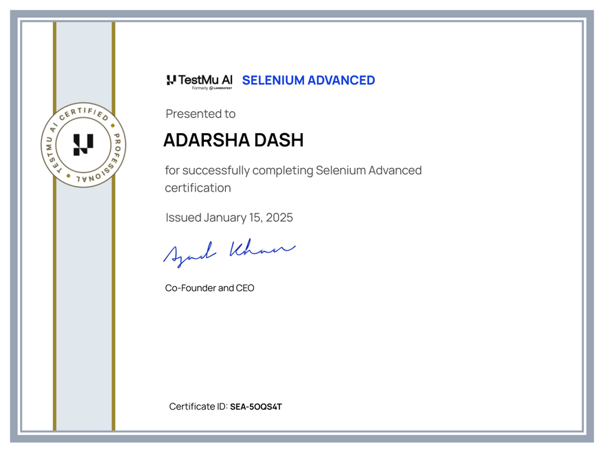 Adarsha Dash's Automation Certificate: Selenium Advanced