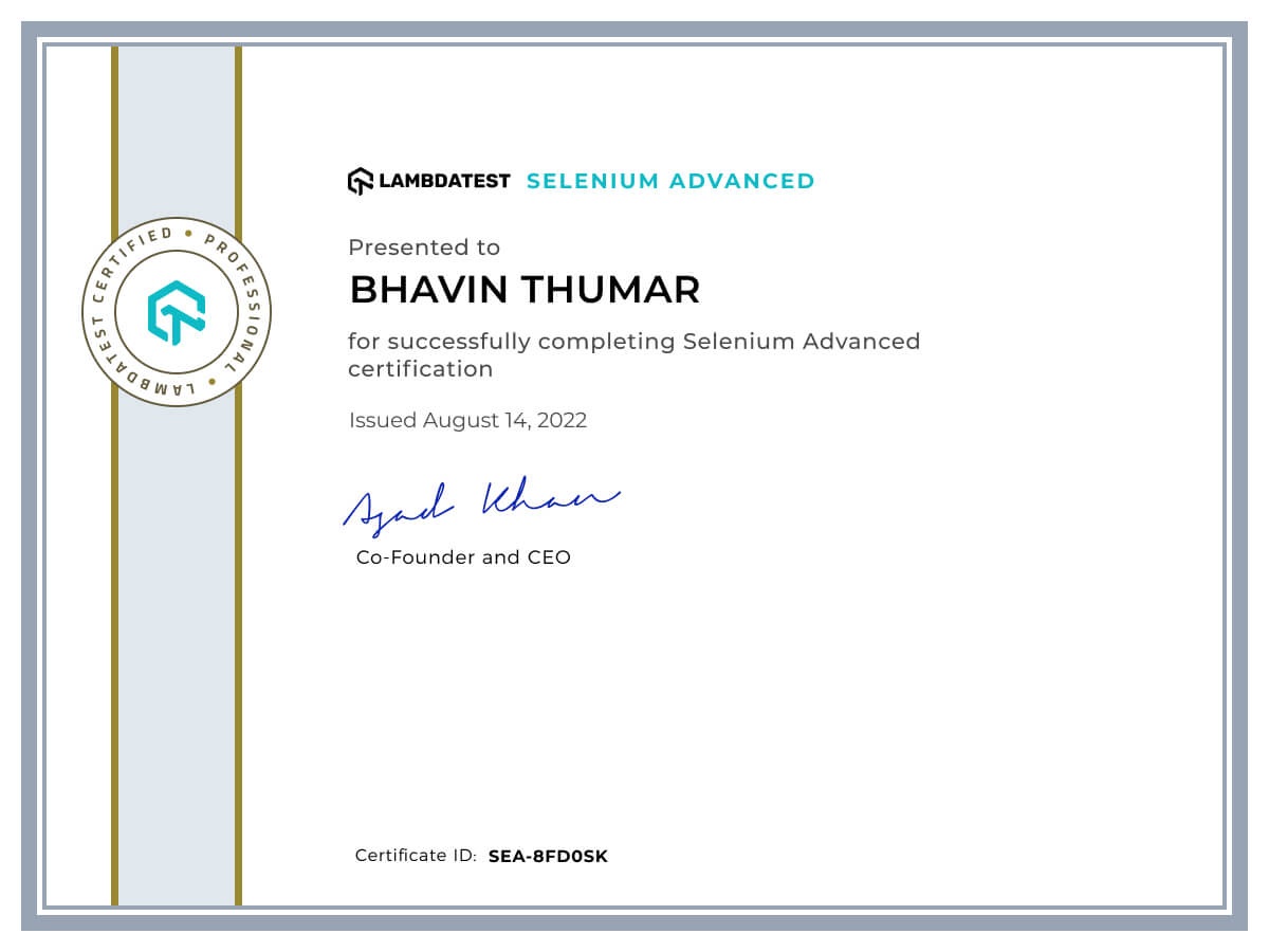 Bhavin Thumar's Automation Certificate: Selenium Advanced