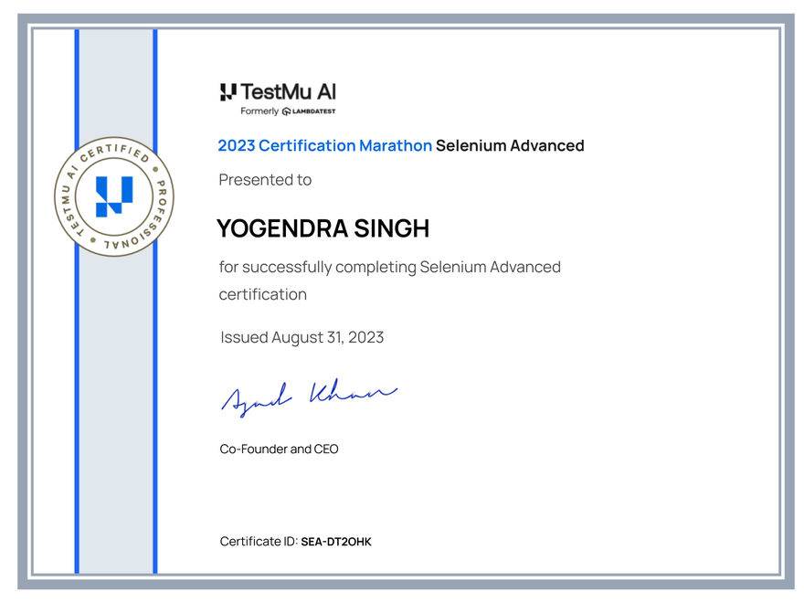 Yogendra Singh's Automation Certificate: Selenium Advanced