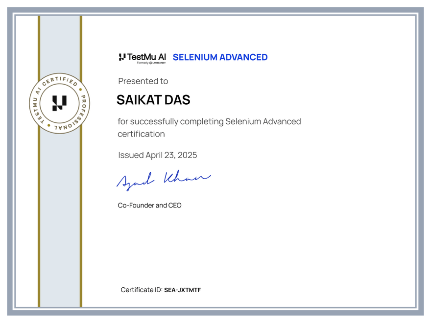 Saikat Das's Automation Certificate: Selenium Advanced