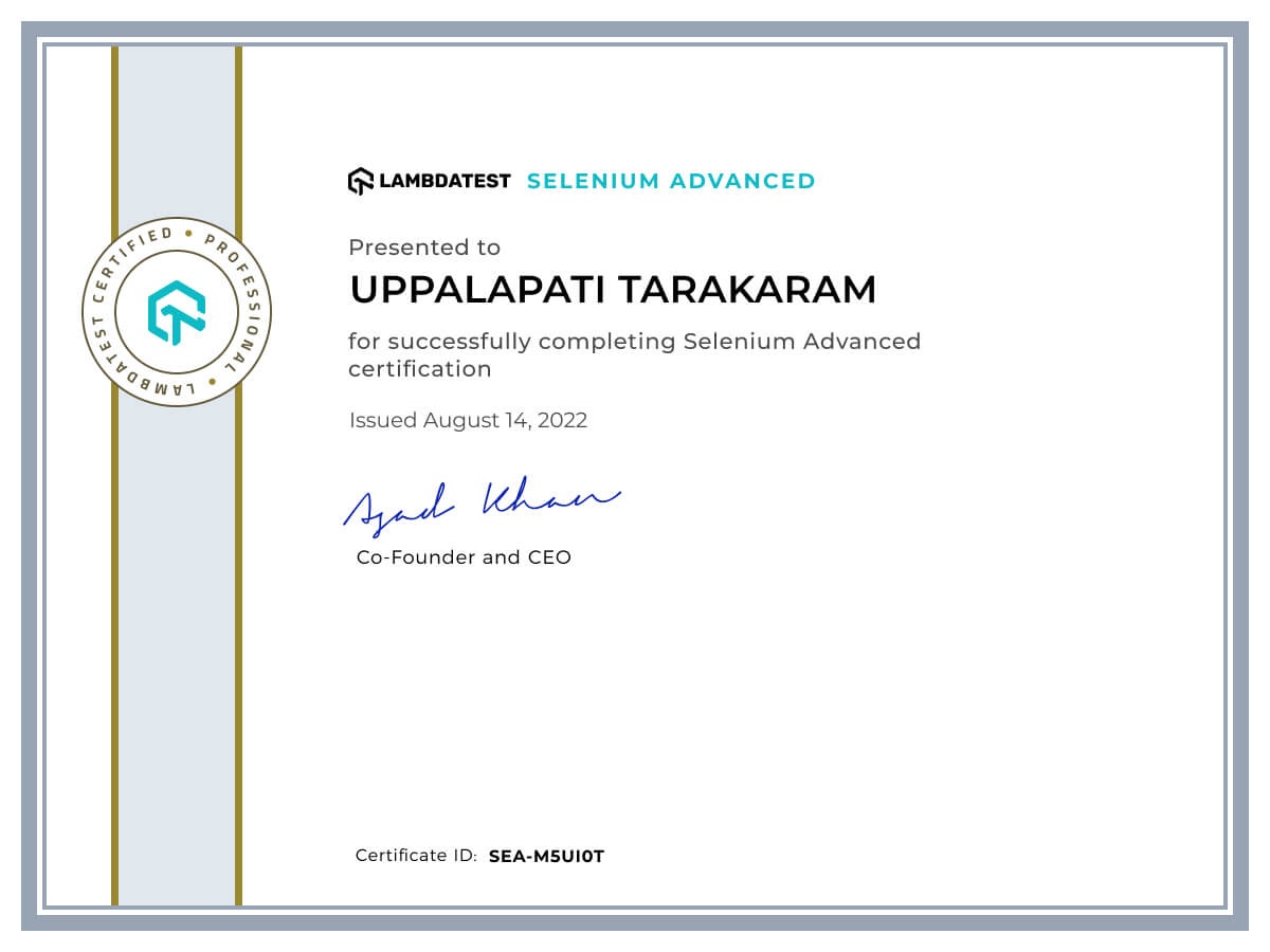 Uppalapati Tarakaram's Automation Certificate: Selenium Advanced