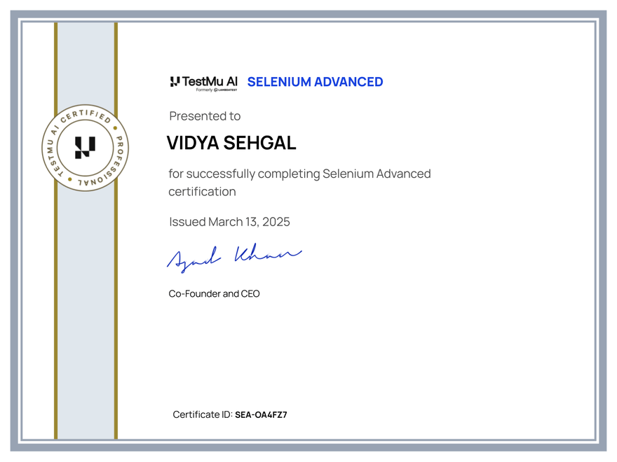 Vidya Sehgal's Automation Certificate: Selenium Advanced