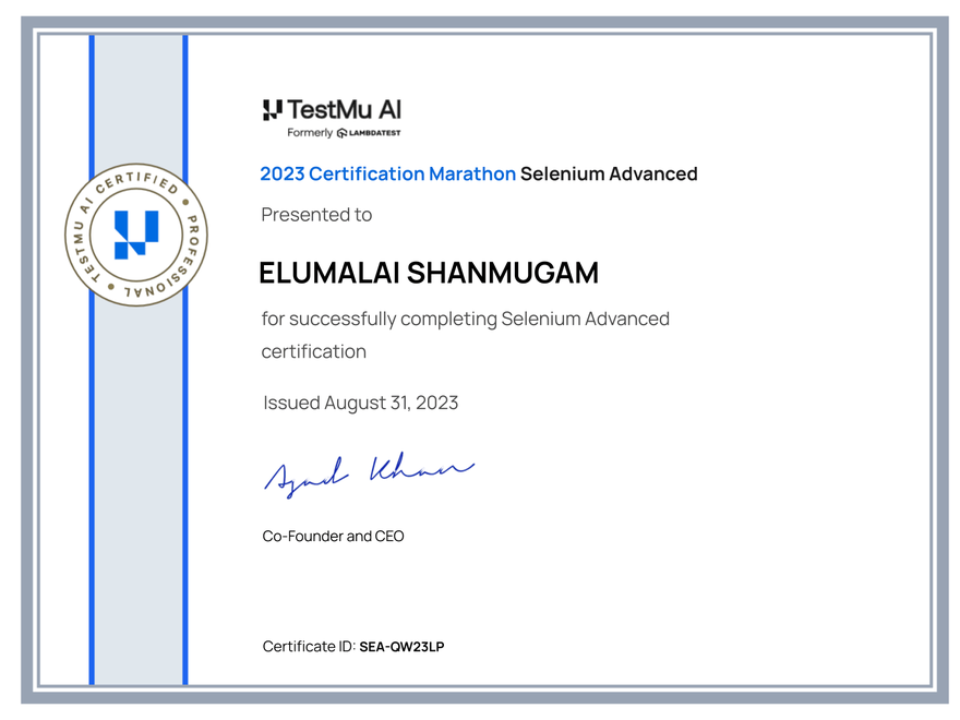 Elumalai Shanmugam's Automation Certificate: Selenium Advanced