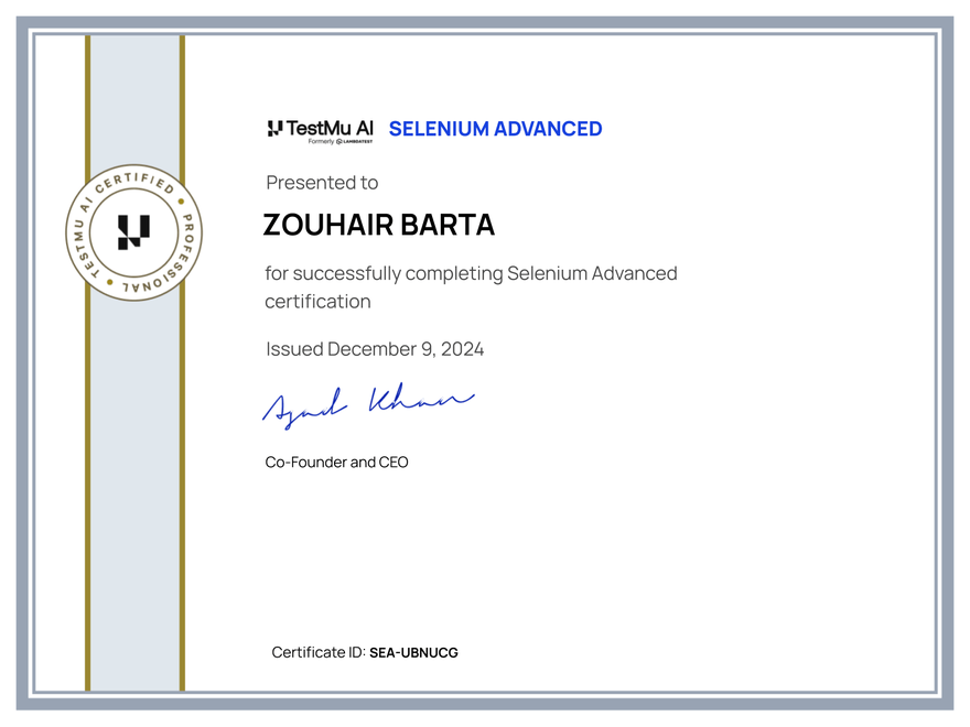 Zouhair Barta's Automation Certificate: Selenium Advanced