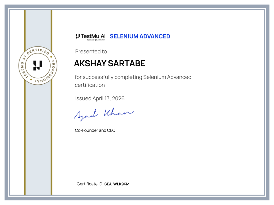 Akshay Sartabe's Automation Certificate: Selenium Advanced
