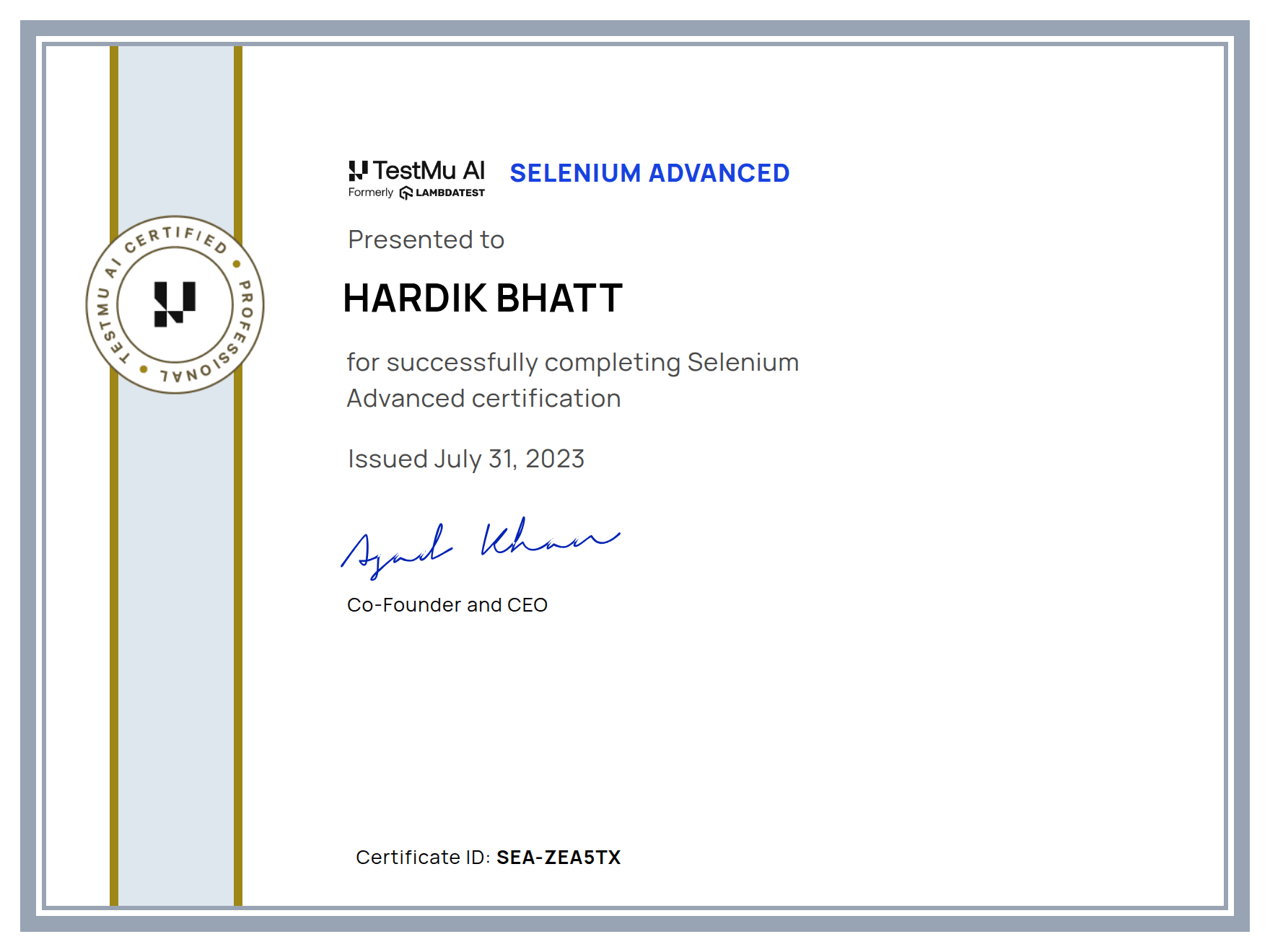 Hardik Bhatt's Automation Certificate: Selenium 101