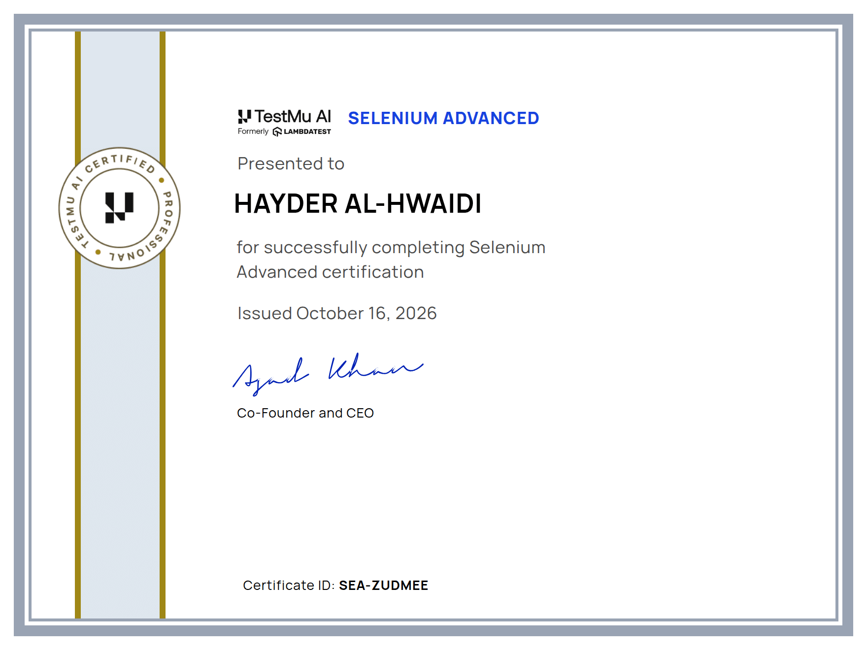Hayder Al-hwaidi's Automation Certificate: Selenium Advanced
