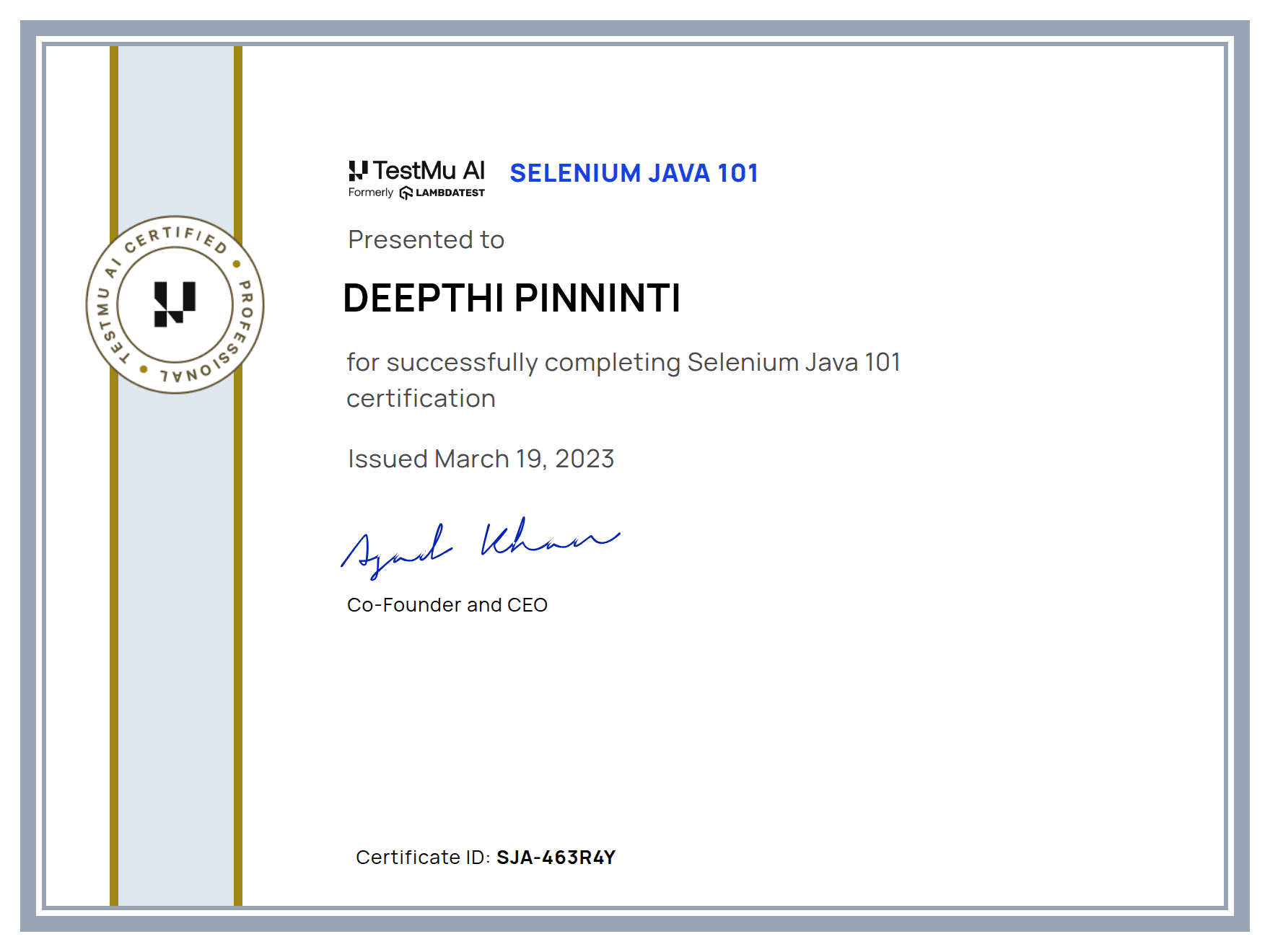 Deepthi Pinninti's Automation Certificate: Selenium Java 101