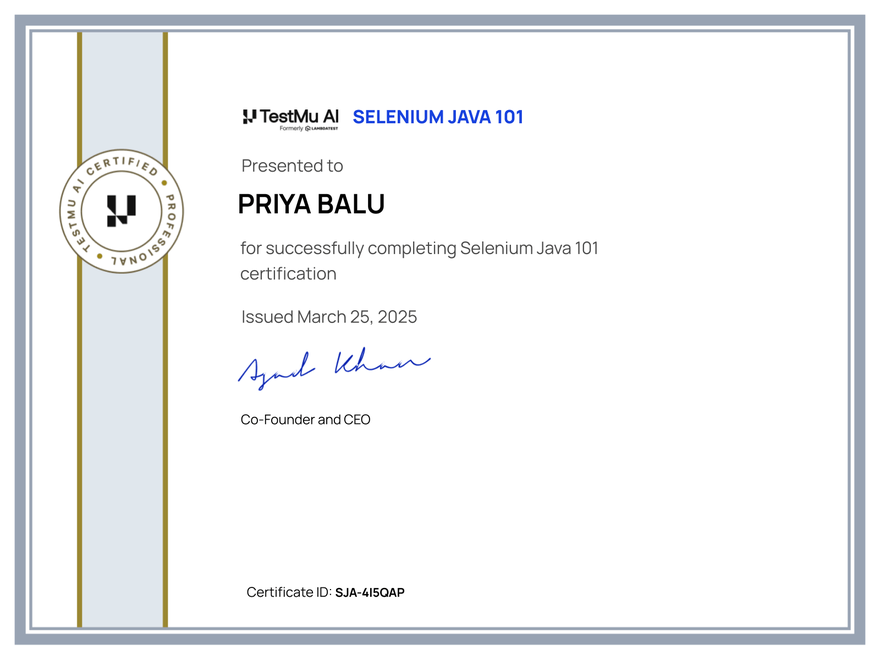 Priya Balu's Automation Certificate: selenium java 101