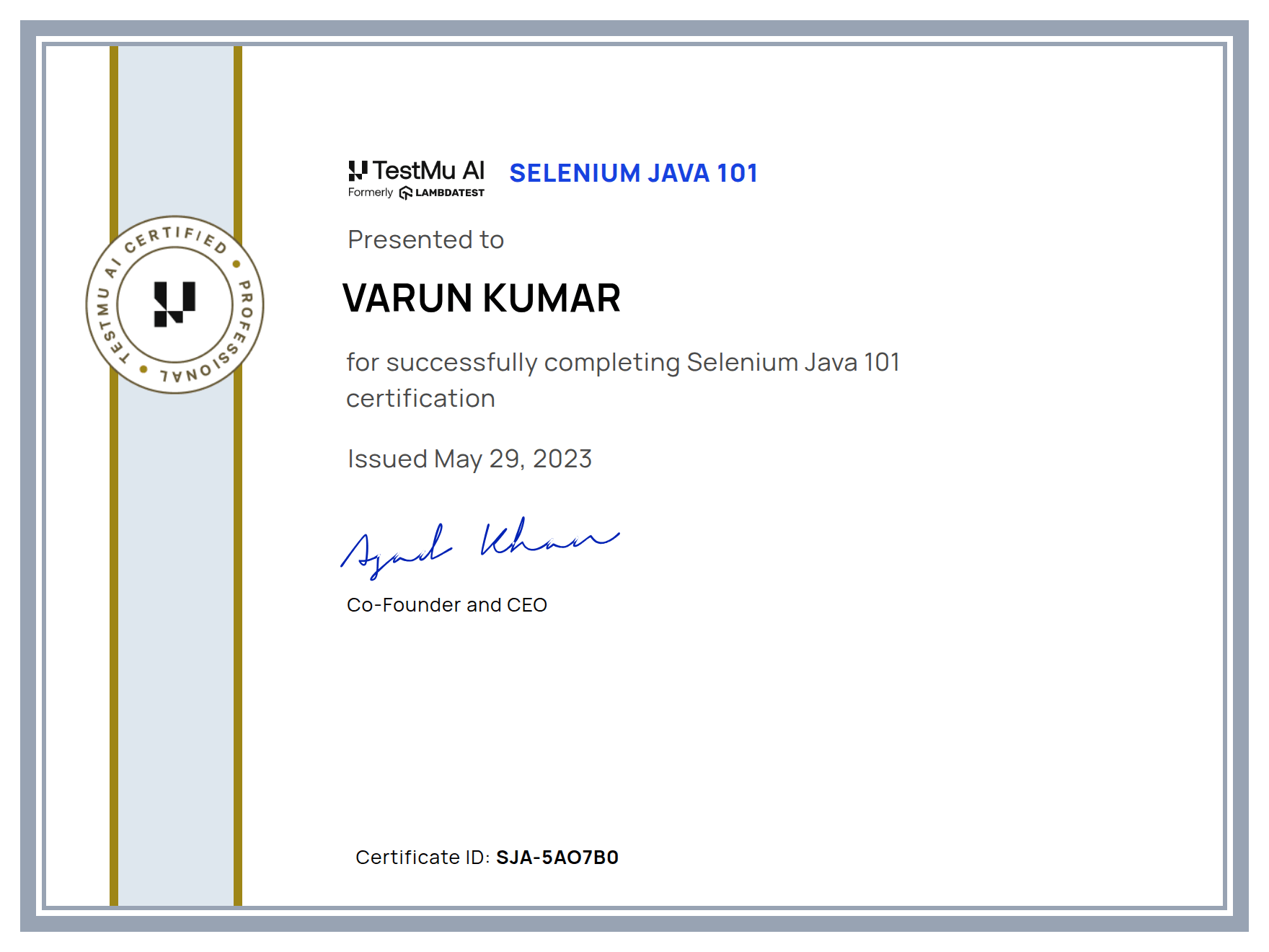 Varun Kumar's Automation Certificate: Selenium Java 101