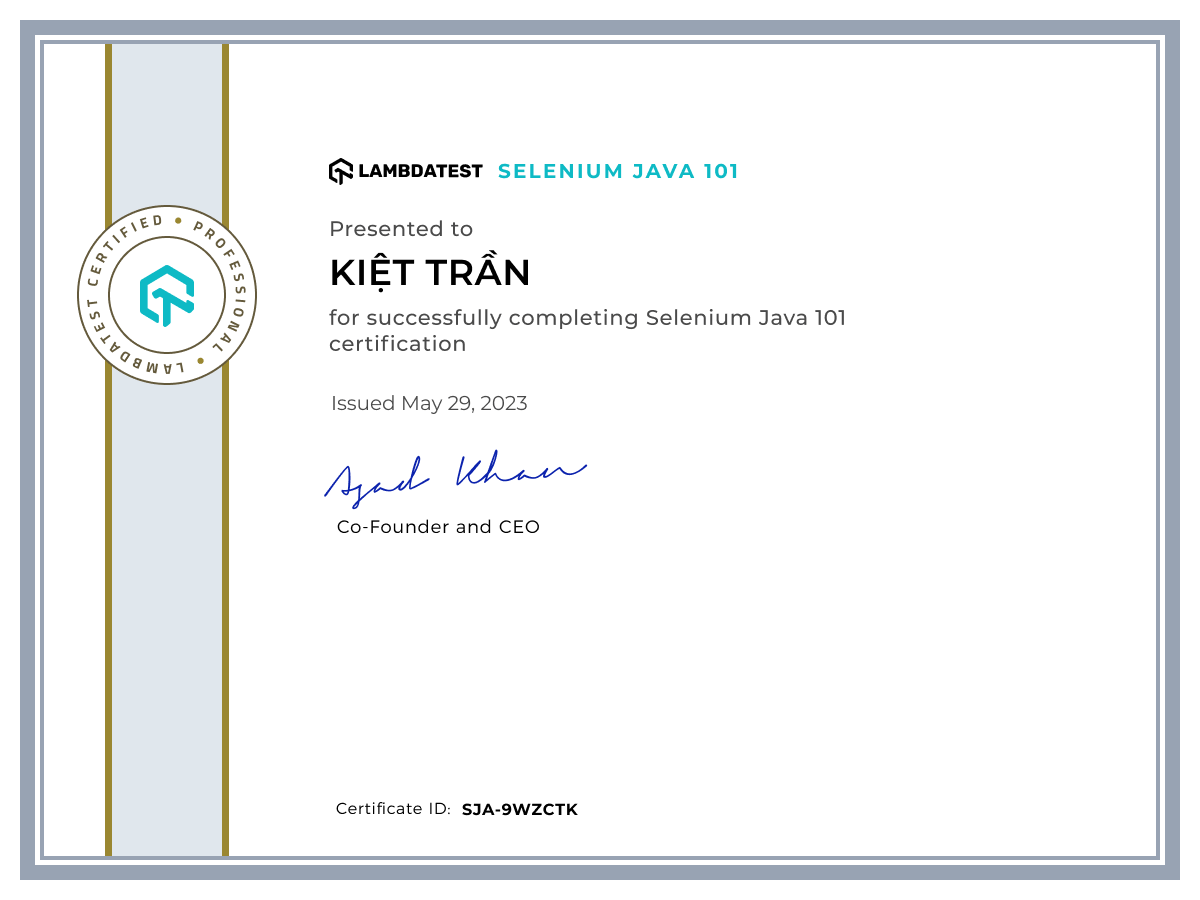 Kiệt Trần's Automation Certificate: Selenium Java 101