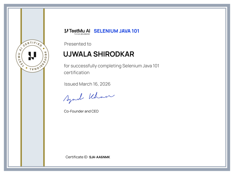 Ujwala Shirodkar's Automation Certificate: Selenium JavaScript 101